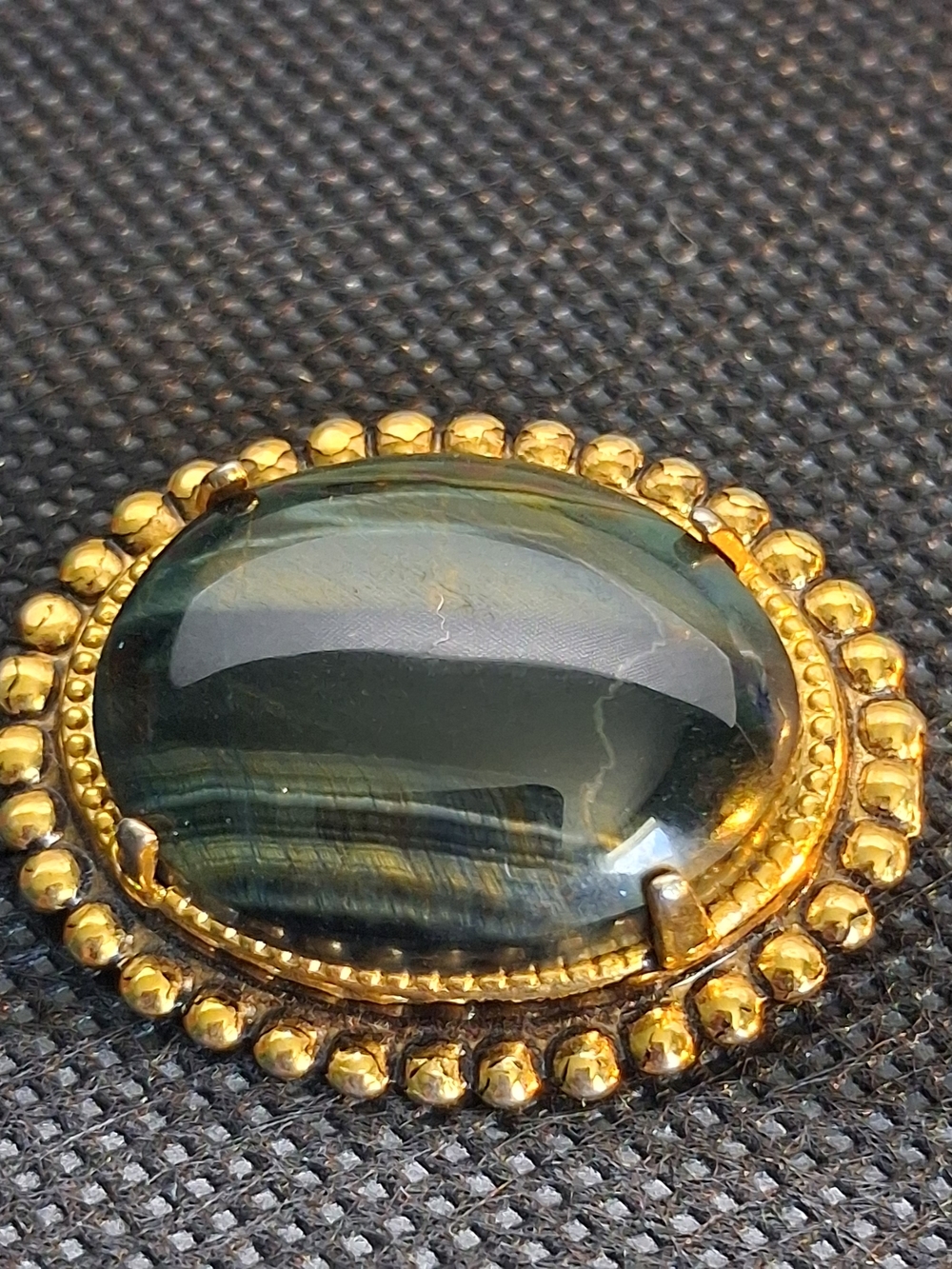 Vintage Gold Beaded Green Tiger's Eye Cabochon Brooch